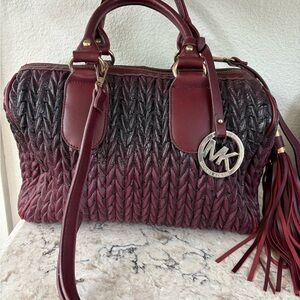 Michael Kors Wine Woven Satchel with Tassel and MK Charm